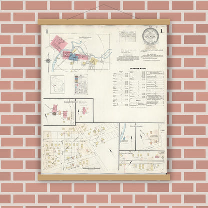 Old map wall art mockup — magnetic wood frame on brick wall — Sanborn Fire Insurance Map from Arcadia, Trempealeau County, Wisconsin (1943) - Complete Map Set