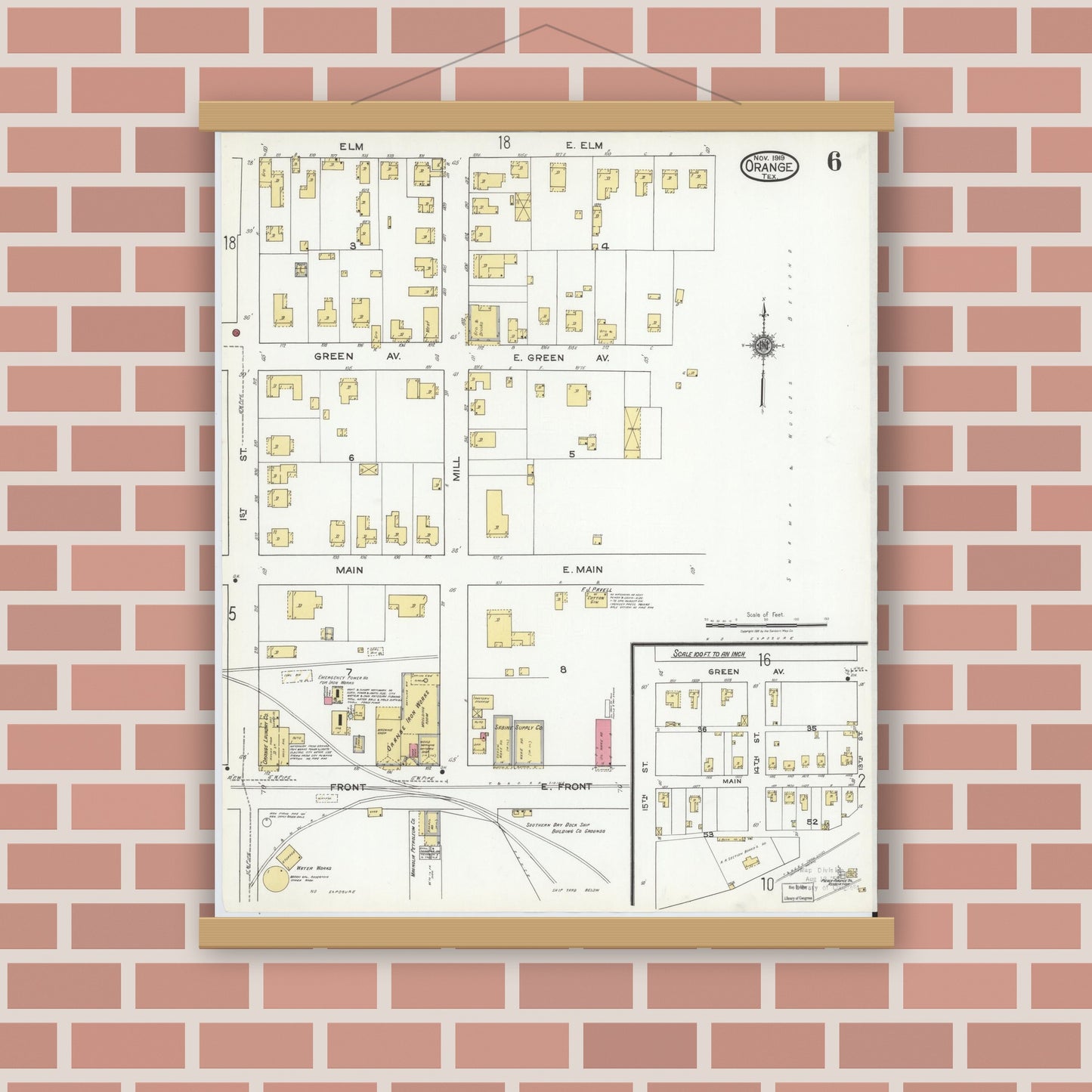 Old map wall art mockup — magnetic wood frame on brick wall — Sanborn Fire Insurance Map from Orange, Orange County, Texas (1919), Sheet #0006