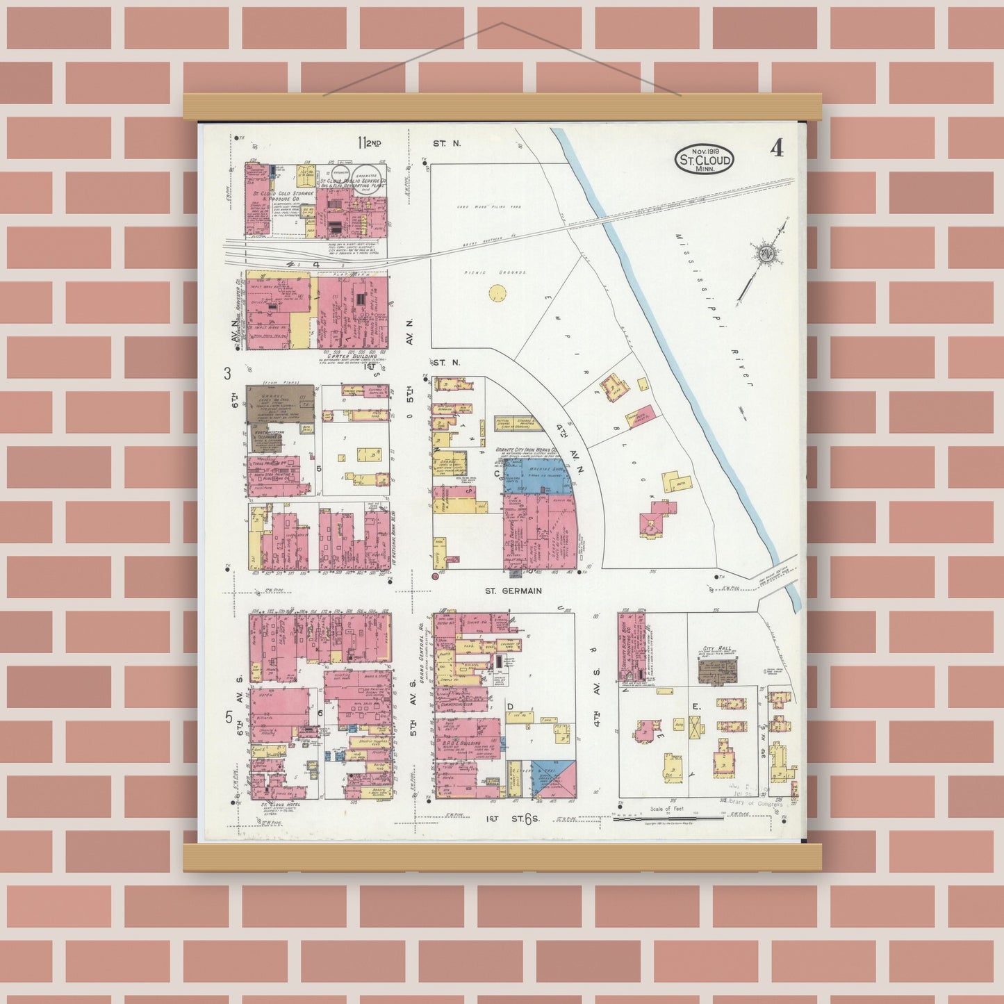 Old map wall art mockup — magnetic wood frame on brick wall — Sanborn Fire Insurance Map from Saint Cloud, Stearns, Benton, and Sherburne Counties, Minnesota (1919), Sheet #0004