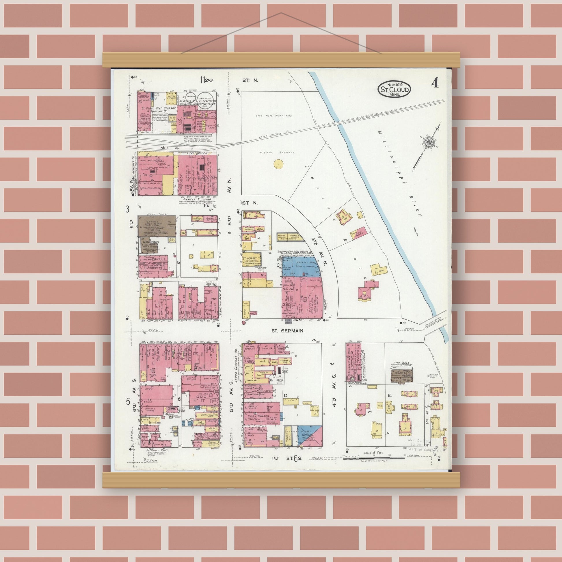 Old map wall art mockup — magnetic wood frame on brick wall — Sanborn Fire Insurance Map from Saint Cloud, Stearns, Benton, and Sherburne Counties, Minnesota (1919), Sheet #0004