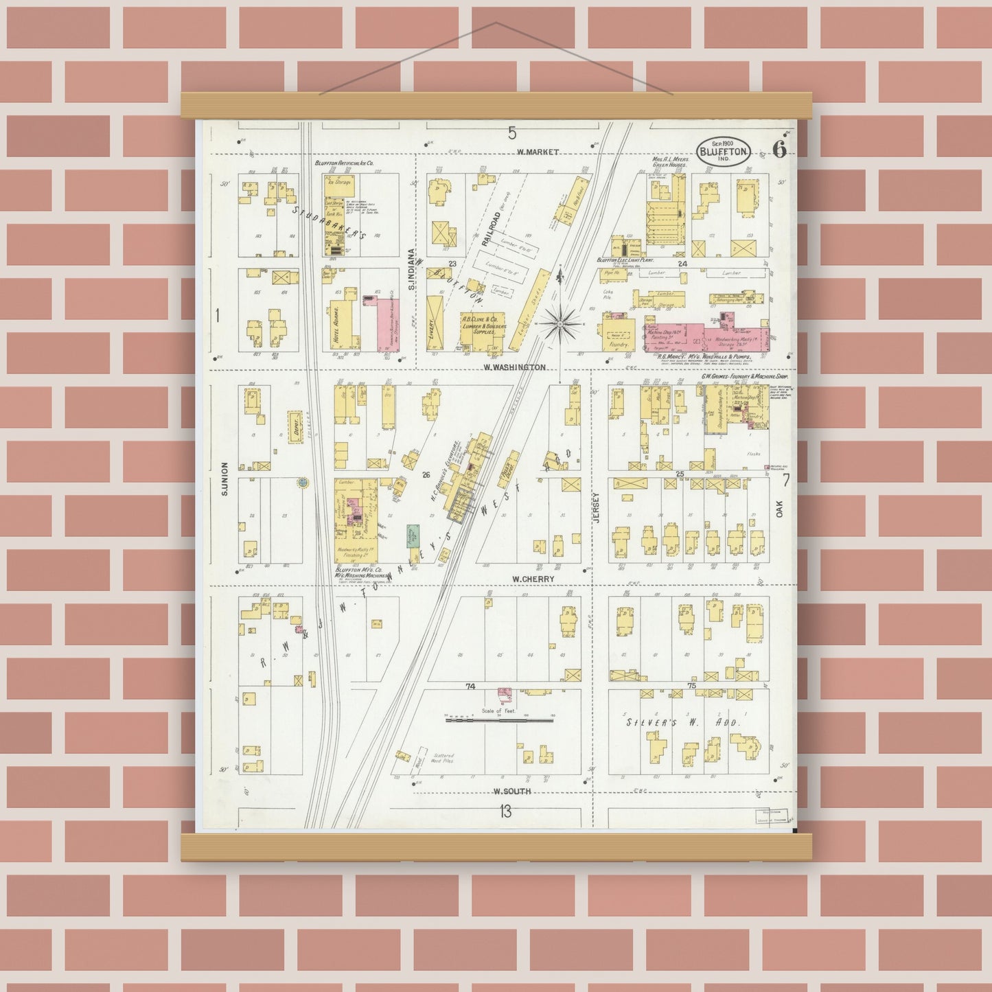 Old map wall art mockup — magnetic wood frame on brick wall — Sanborn Fire Insurance Map from Bluffton, Wells County, Indiana (1900), Sheet #0006