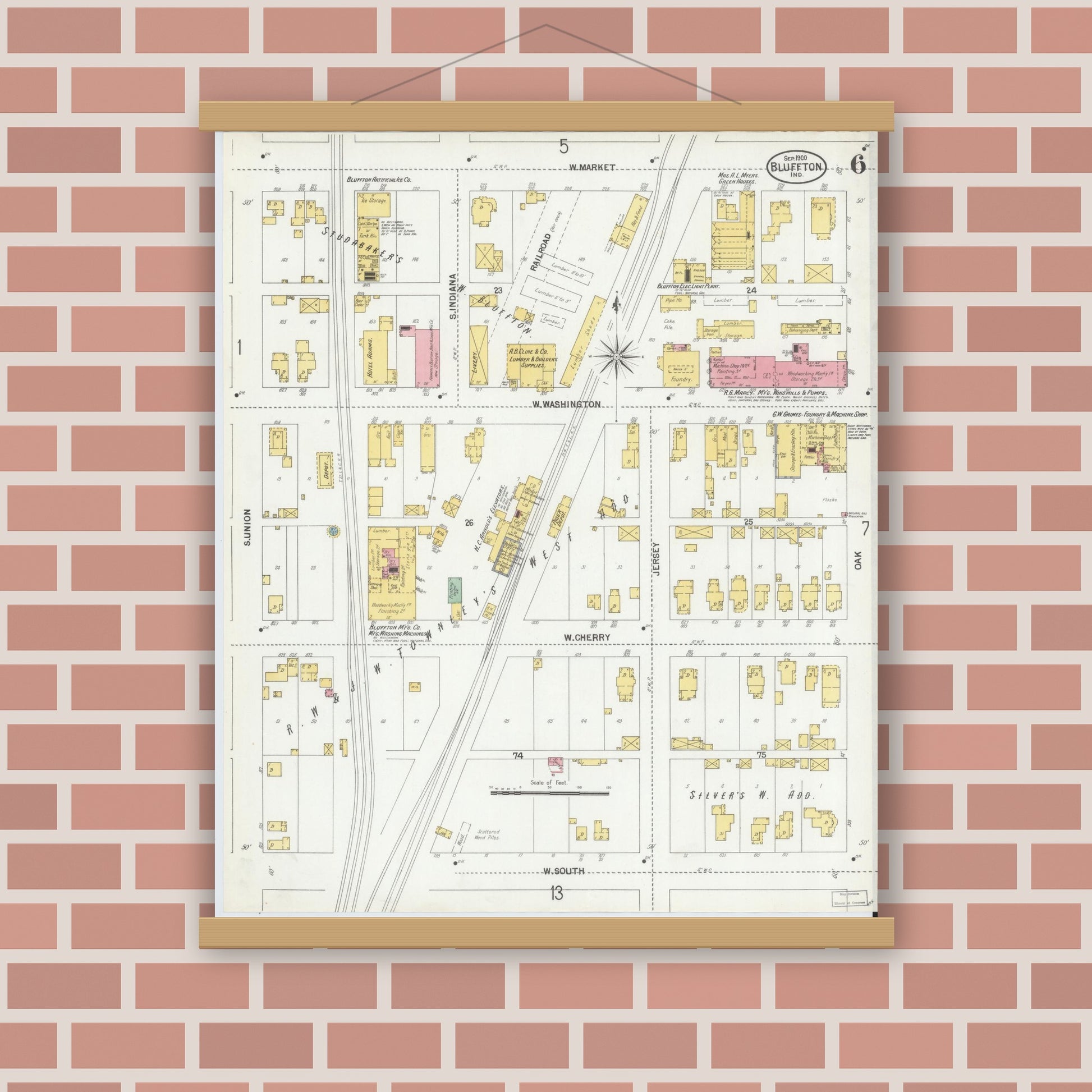 Old map wall art mockup — magnetic wood frame on brick wall — Sanborn Fire Insurance Map from Bluffton, Wells County, Indiana (1900), Sheet #0006