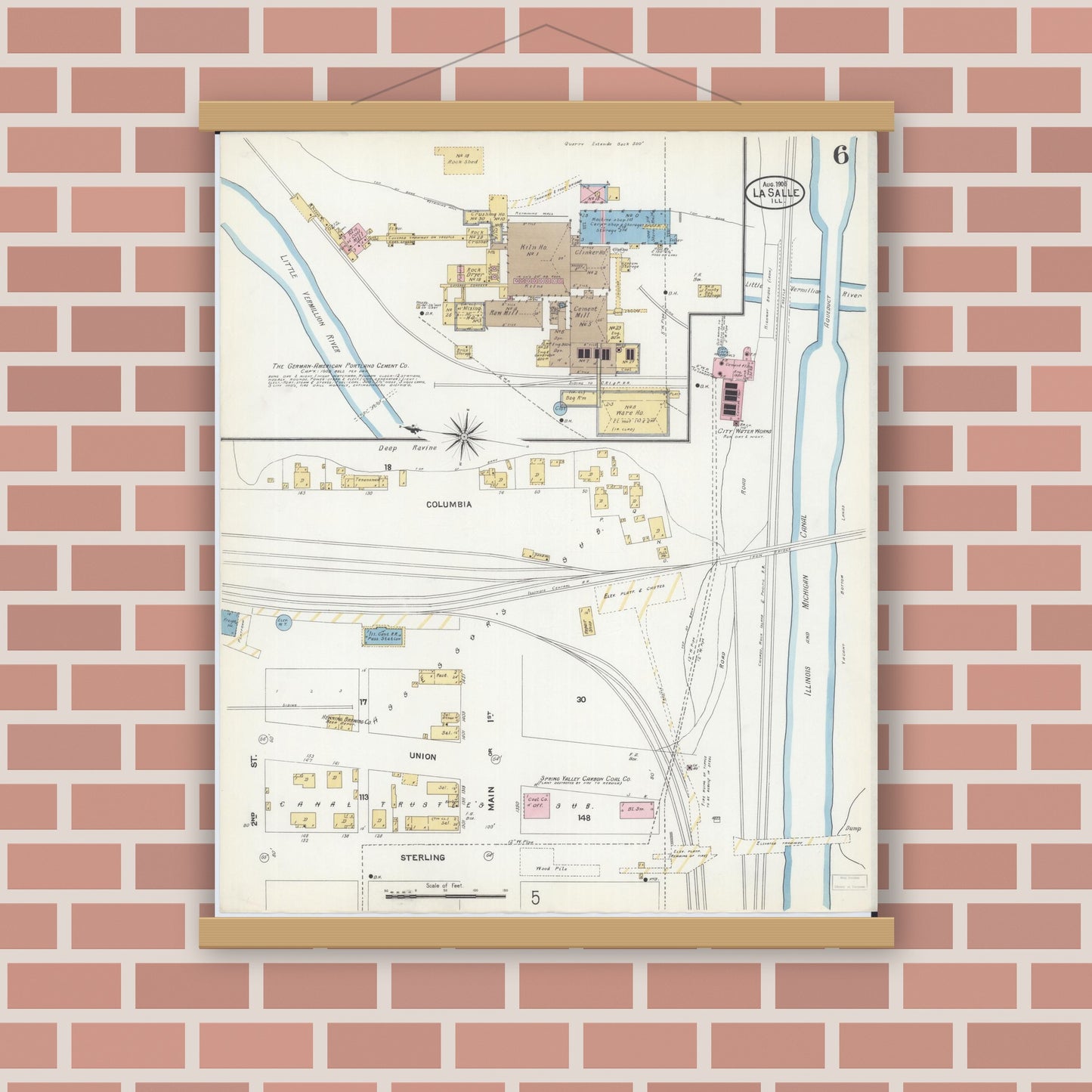 Old map wall art mockup — magnetic wood frame on brick wall — Sanborn Fire Insurance Map from La Salle, La Salle County, Illinois (1906), Sheet #0006