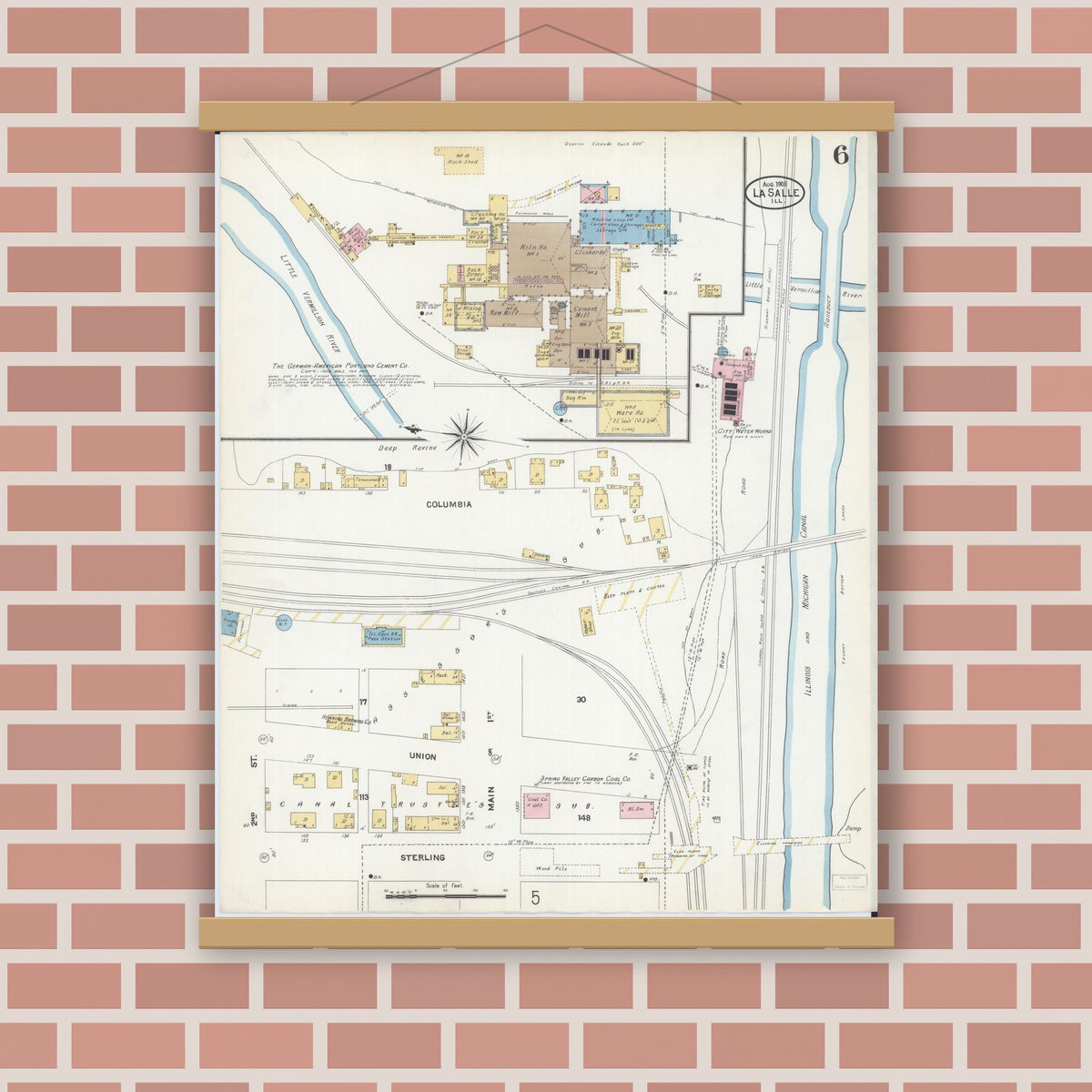 Old map wall art mockup — magnetic wood frame on brick wall — Sanborn Fire Insurance Map from La Salle, La Salle County, Illinois (1906), Sheet #0006