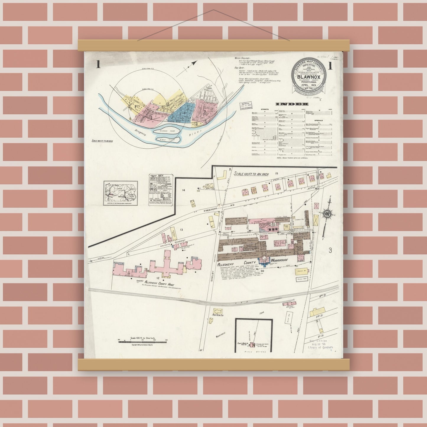 Old map wall art mockup — magnetic wood frame on brick wall — Sanborn Fire Insurance Map from Blawnox, Allegheny County, Pennsylvania (1924) - Complete Map Set