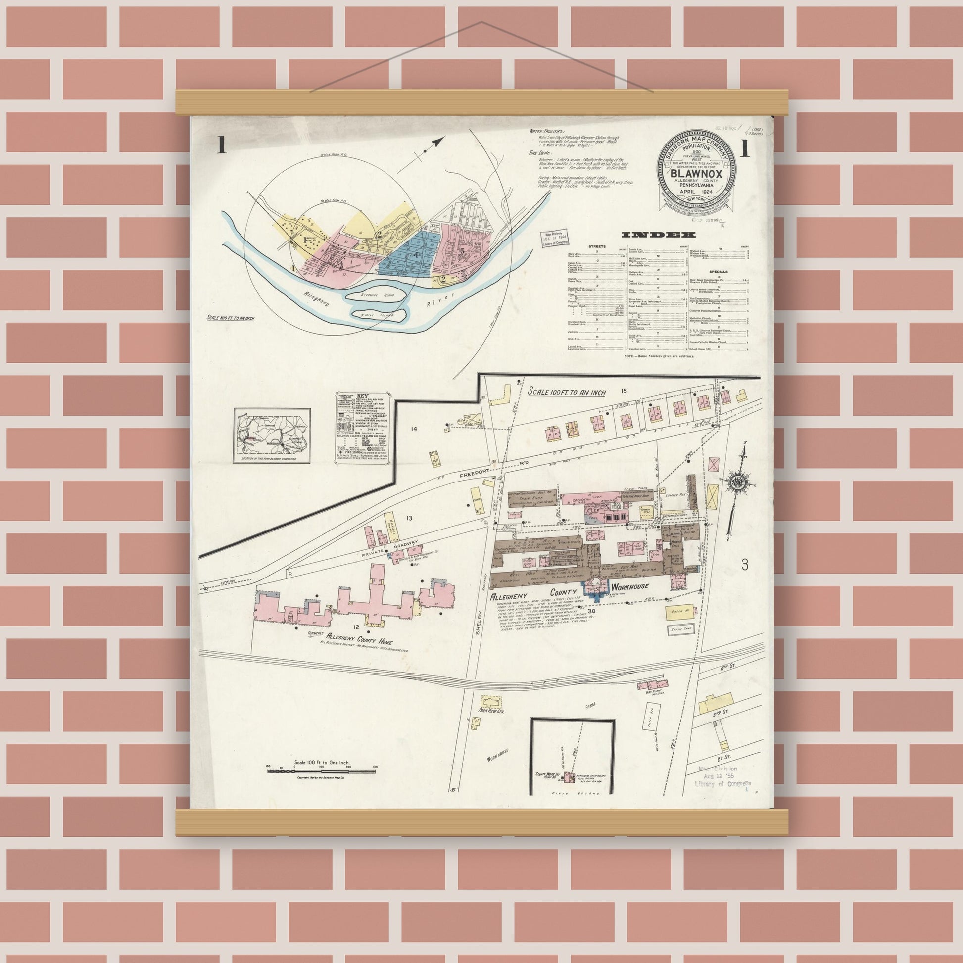Old map wall art mockup — magnetic wood frame on brick wall — Sanborn Fire Insurance Map from Blawnox, Allegheny County, Pennsylvania (1924) - Complete Map Set