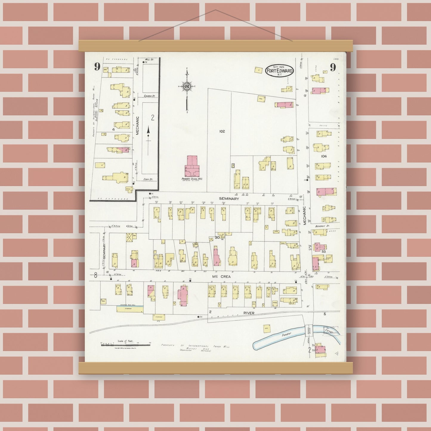 Old map wall art mockup — magnetic wood frame on brick wall — Sanborn Fire Insurance Map from Fort Edward, Washington County, New York (1924), Sheet #0009