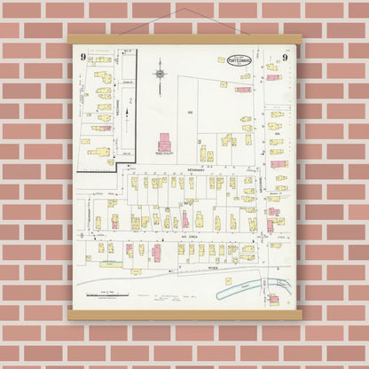 Old map wall art mockup — magnetic wood frame on brick wall — Sanborn Fire Insurance Map from Fort Edward, Washington County, New York (1924), Sheet #0009