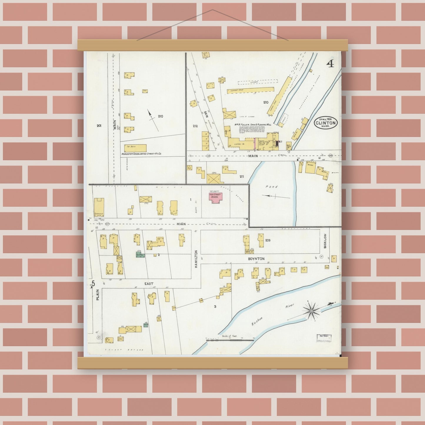 Old map wall art mockup — magnetic wood frame on brick wall — Sanborn Fire Insurance Map from Clinton, Worcester County, Massachusetts (1904), Sheet #0004