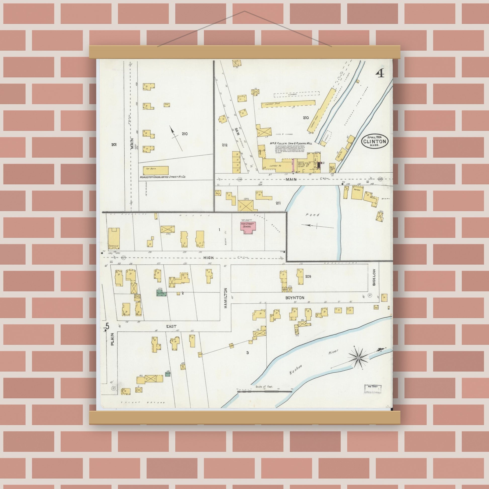 Old map wall art mockup — magnetic wood frame on brick wall — Sanborn Fire Insurance Map from Clinton, Worcester County, Massachusetts (1904), Sheet #0004
