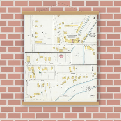 Old map wall art mockup — magnetic wood frame on brick wall — Sanborn Fire Insurance Map from Clinton, Worcester County, Massachusetts (1904), Sheet #0004