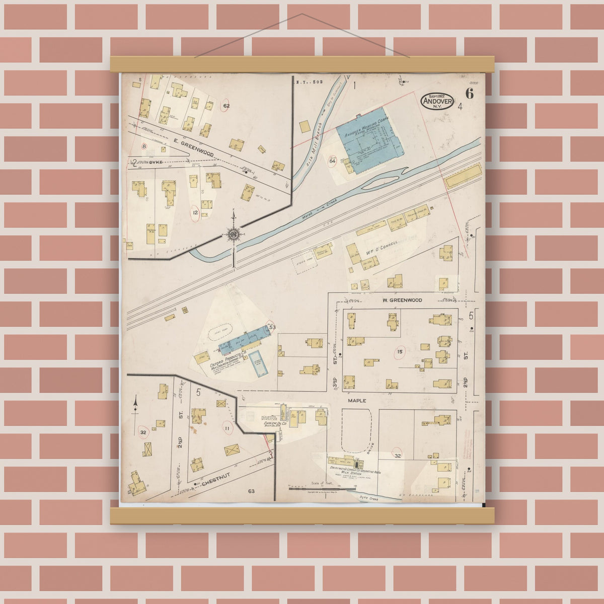 Old map wall art mockup — magnetic wood frame on brick wall — Sanborn Fire Insurance Map from Andover, Allegany County, New York (1940), Sheet #0006