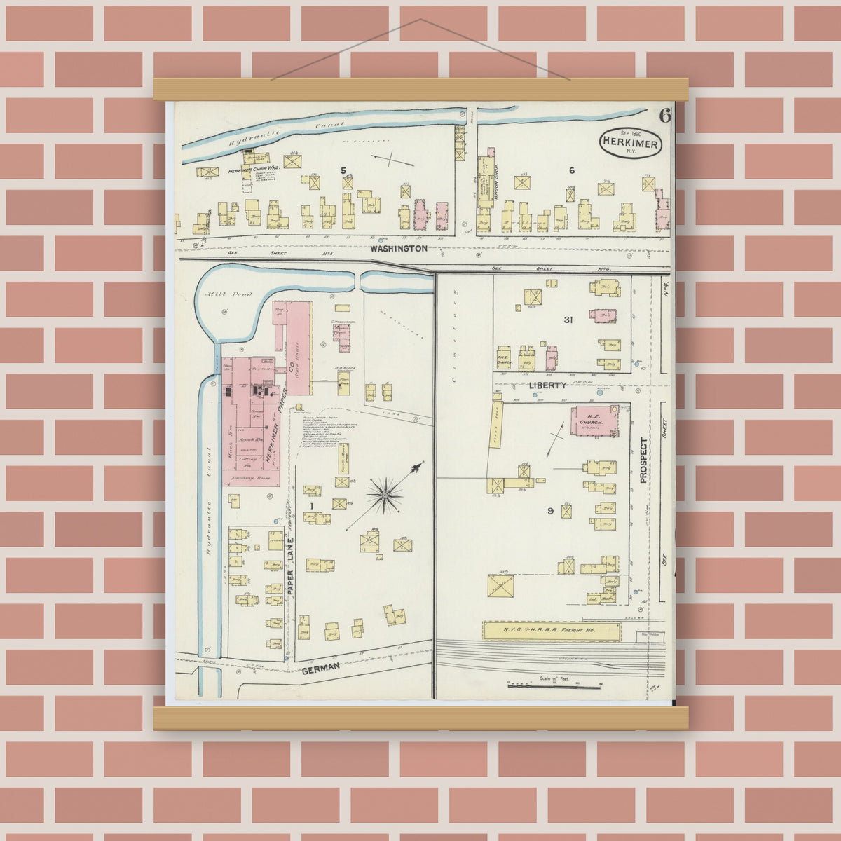 Old map wall art mockup — magnetic wood frame on brick wall — Sanborn Fire Insurance Map from Herkimer, Herkimer County, New York (1890), Sheet #0006