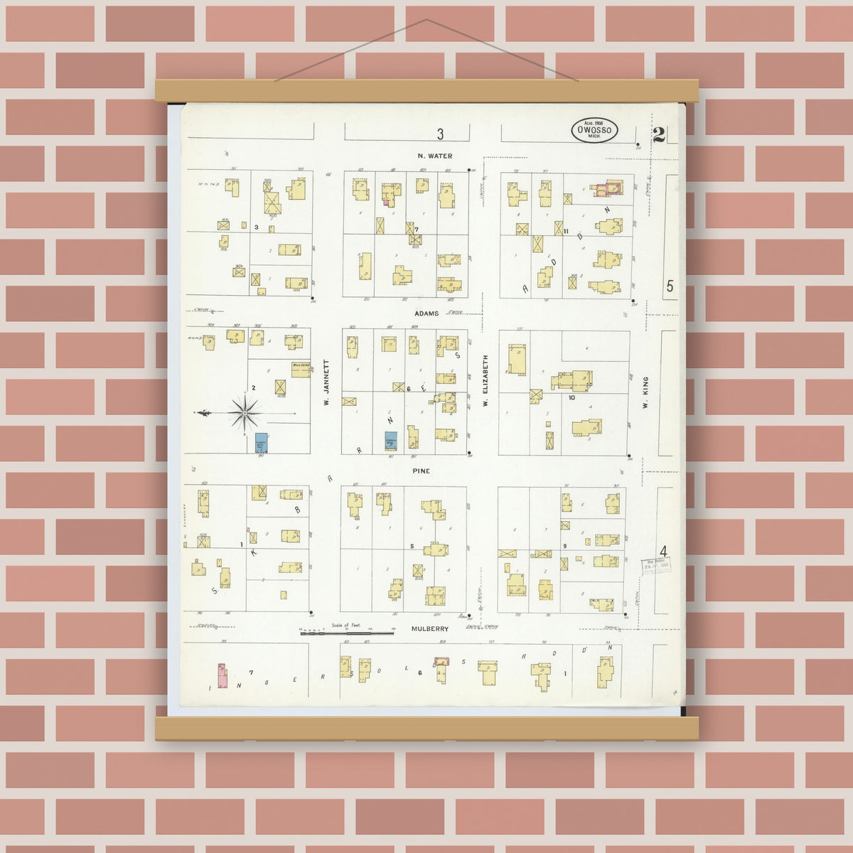 Old map wall art mockup — magnetic wood frame on brick wall — Sanborn Fire Insurance Map from Owosso, Shiawassee County, Michigan (1908), Sheet #0002