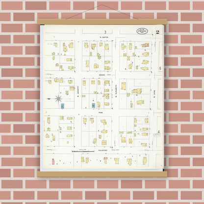 Old map wall art mockup — magnetic wood frame on brick wall — Sanborn Fire Insurance Map from Owosso, Shiawassee County, Michigan (1908), Sheet #0002