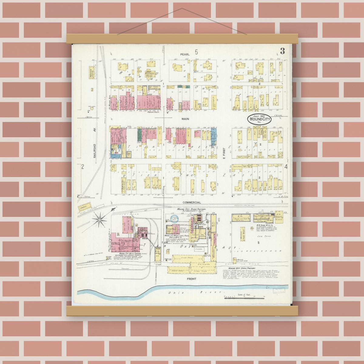Old map wall art mockup — magnetic wood frame on brick wall — Sanborn Fire Insurance Map from Mound City, Pulaski County, Illinois (1907), Sheet #0003