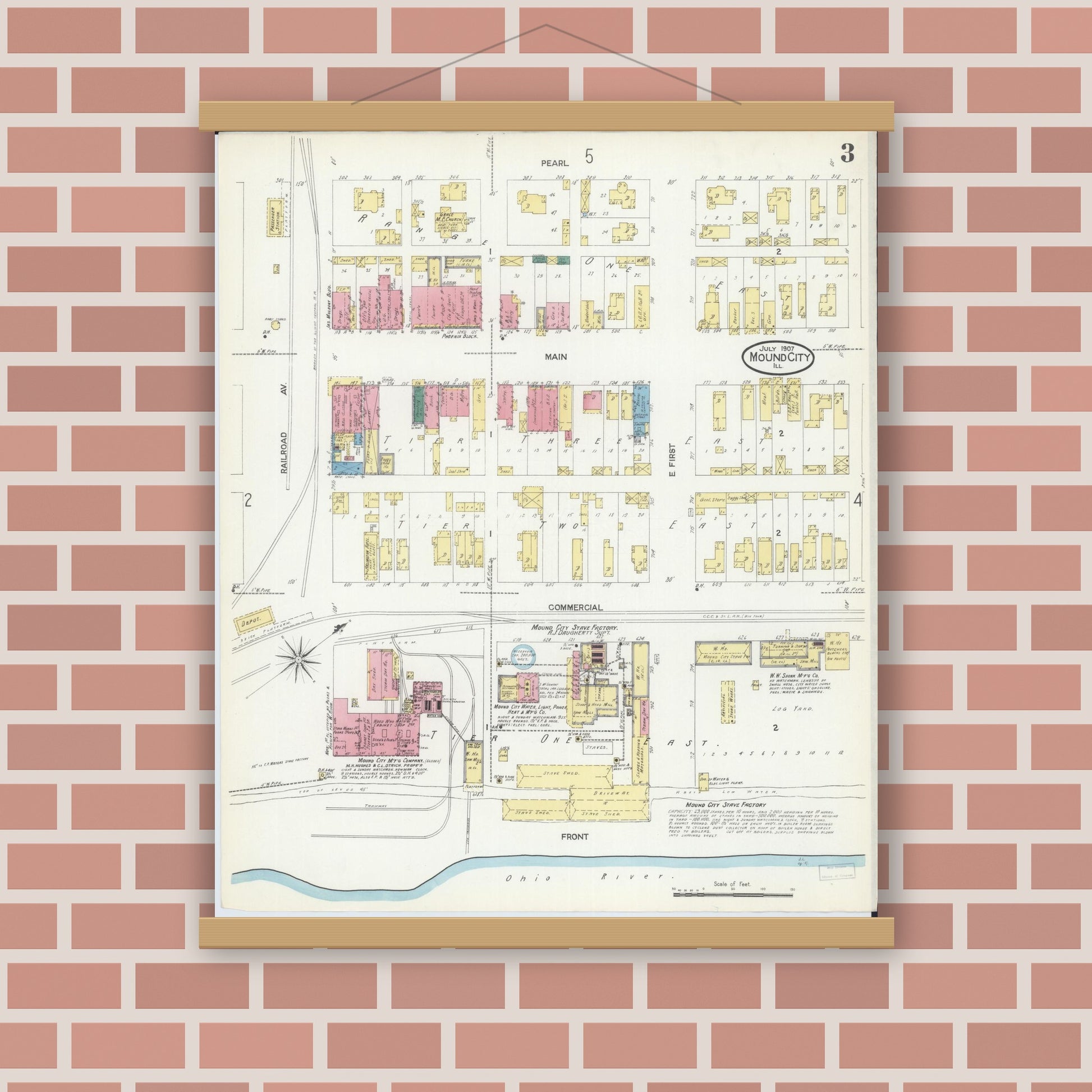 Old map wall art mockup — magnetic wood frame on brick wall — Sanborn Fire Insurance Map from Mound City, Pulaski County, Illinois (1907), Sheet #0003