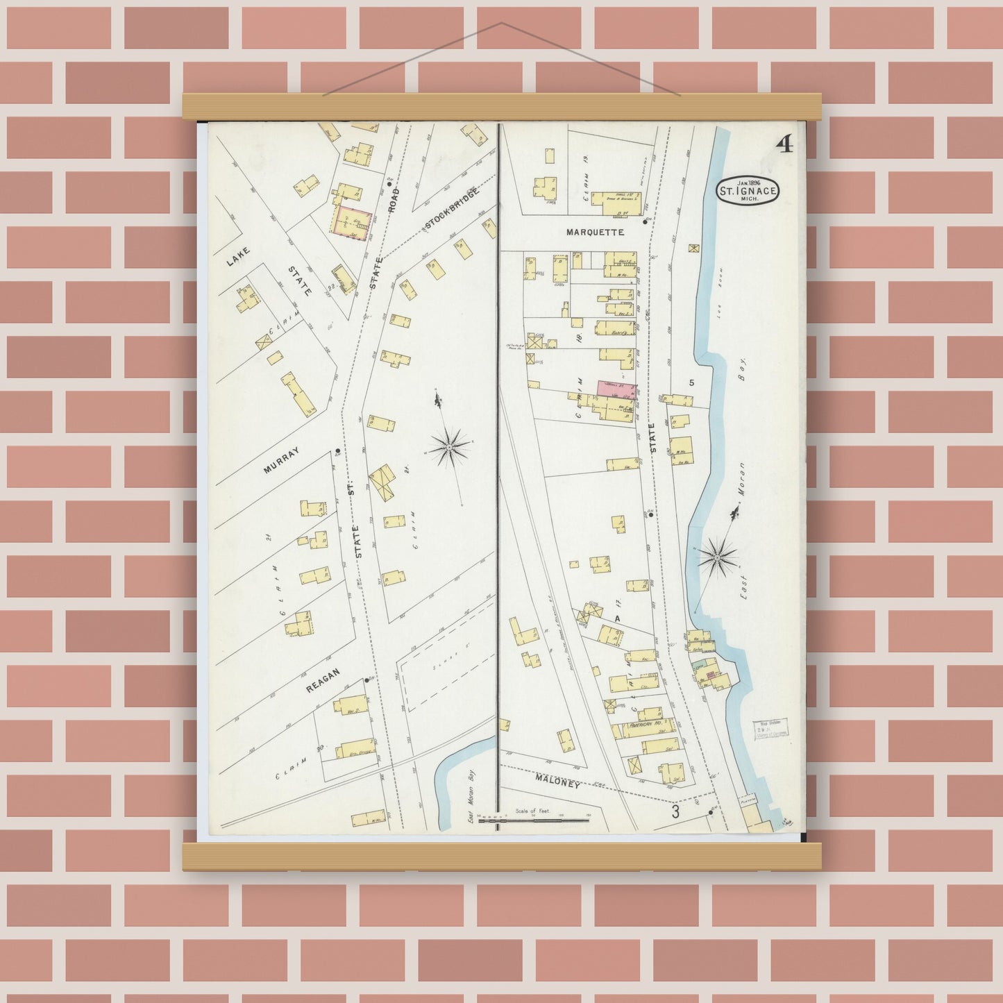 Old map wall art mockup — magnetic wood frame on brick wall — Sanborn Fire Insurance Map from Saint Ignace, Mackinac County, Michigan (1896), Sheet #0004