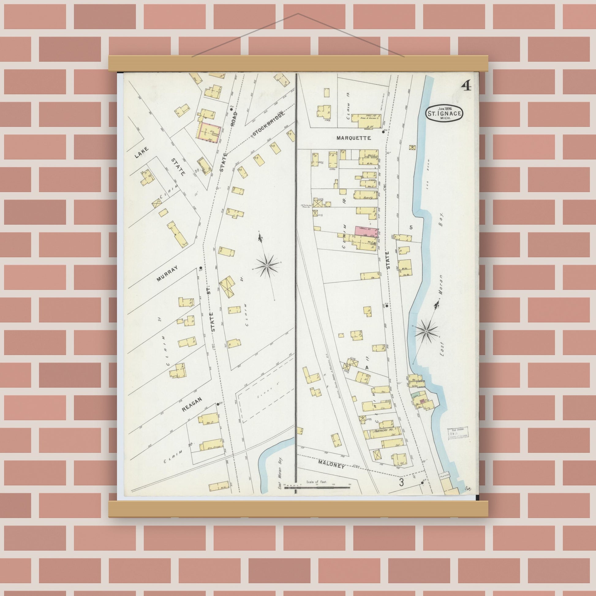 Old map wall art mockup — magnetic wood frame on brick wall — Sanborn Fire Insurance Map from Saint Ignace, Mackinac County, Michigan (1896), Sheet #0004