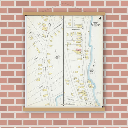 Old map wall art mockup — magnetic wood frame on brick wall — Sanborn Fire Insurance Map from Saint Ignace, Mackinac County, Michigan (1896), Sheet #0004