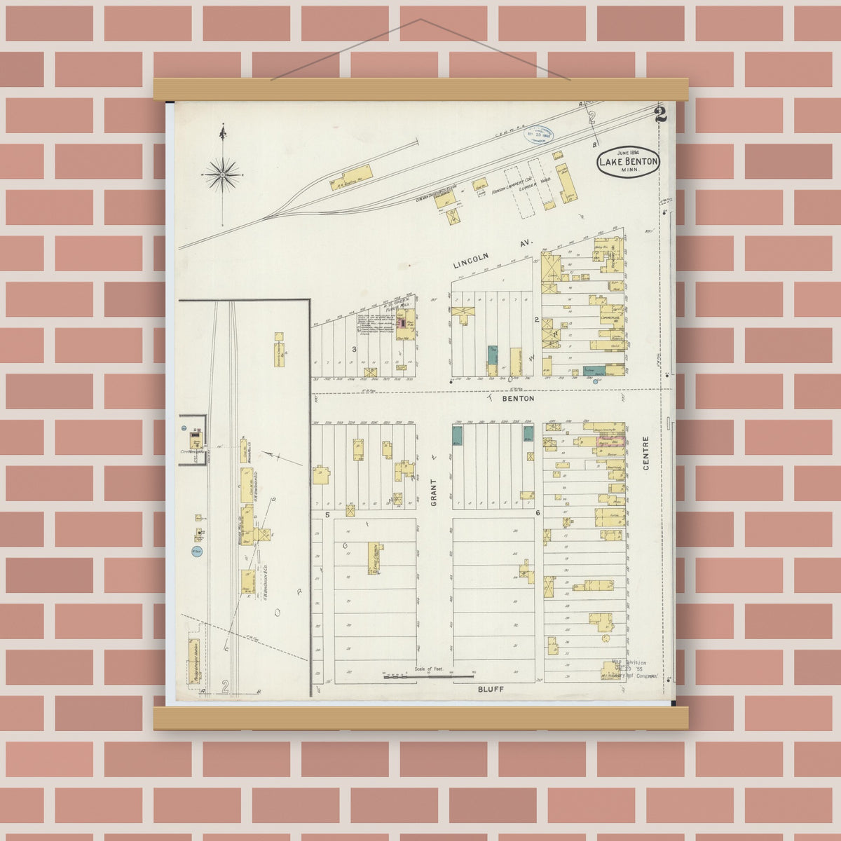 Old map wall art mockup — magnetic wood frame on brick wall — Sanborn Fire Insurance Map from Lake Benton, Lincoln County, Minnesota (1894), Sheet #0002