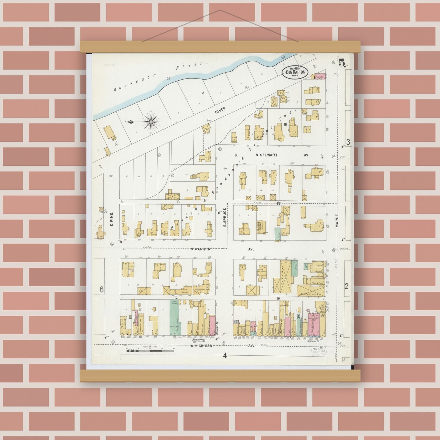 Old map wall art mockup — magnetic wood frame on brick wall — Sanborn Fire Insurance Map from Big Rapids, Mecosta County, Michigan (1899), Sheet #0005