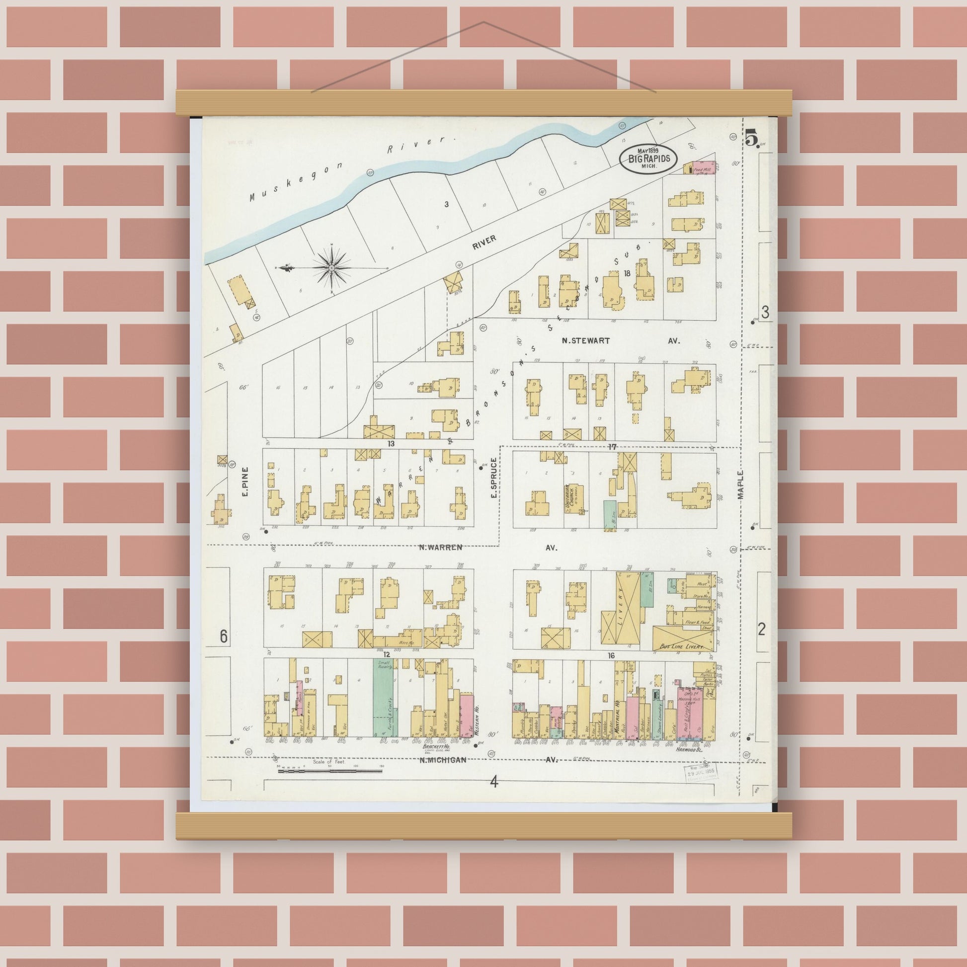 Old map wall art mockup — magnetic wood frame on brick wall — Sanborn Fire Insurance Map from Big Rapids, Mecosta County, Michigan (1899), Sheet #0005