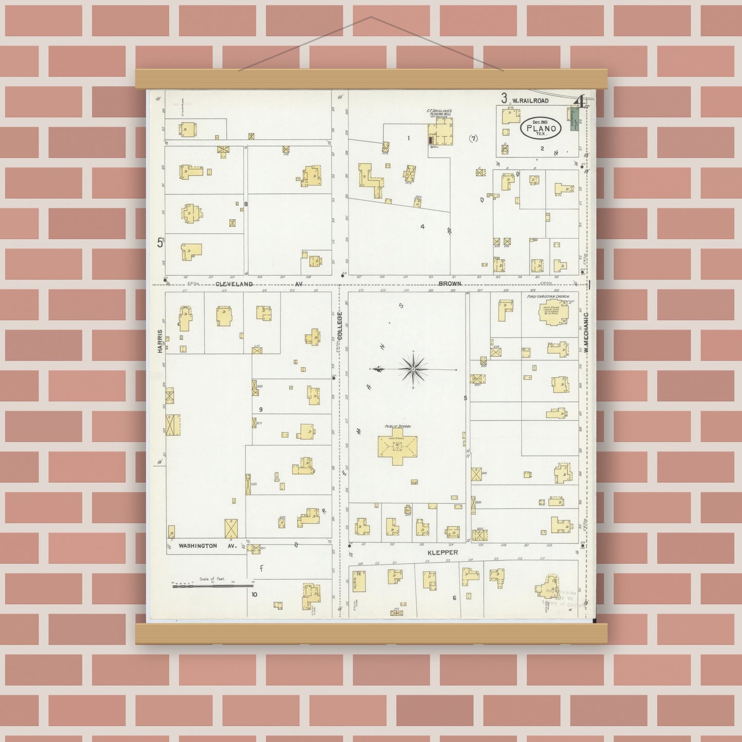 Old map wall art mockup — magnetic wood frame on brick wall — Sanborn Fire Insurance Map from Plano, Collin County, Texas (1901), Sheet #0004
