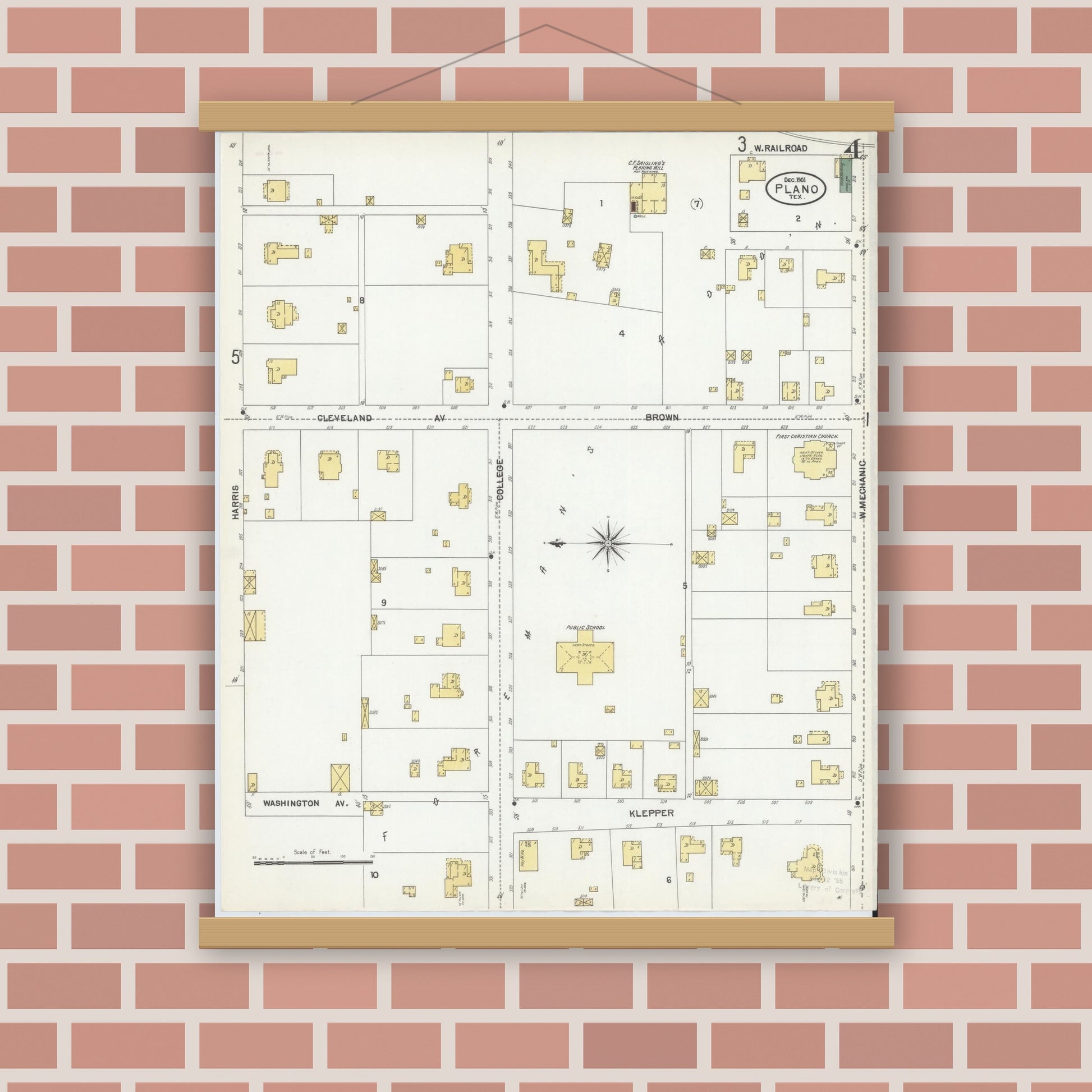 Old map wall art mockup — magnetic wood frame on brick wall — Sanborn Fire Insurance Map from Plano, Collin County, Texas (1901), Sheet #0004