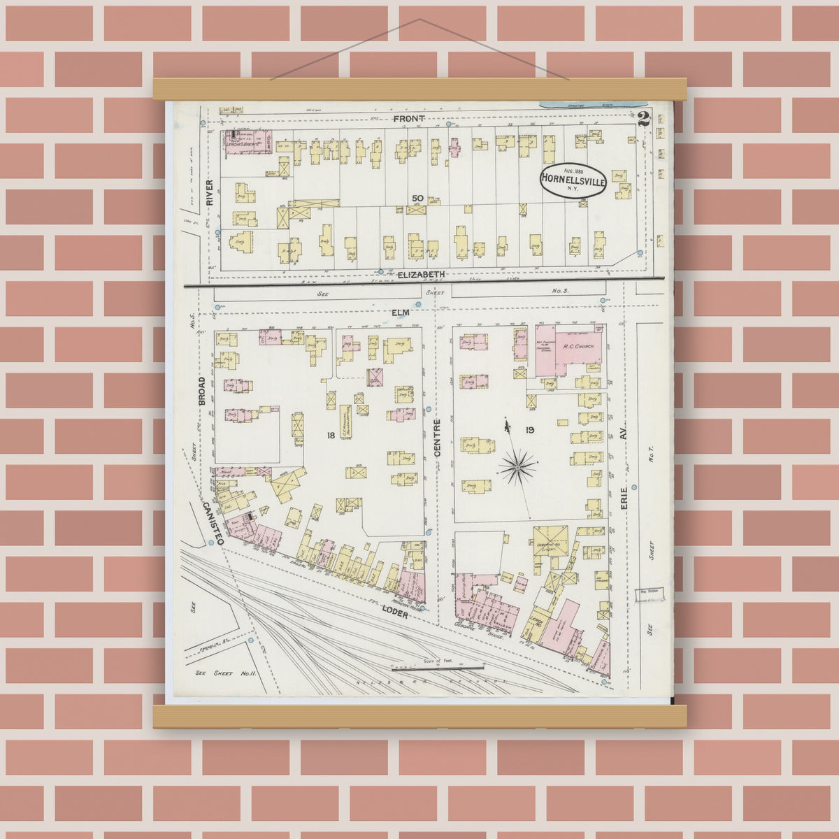 Old map wall art mockup — magnetic wood frame on brick wall — Sanborn Fire Insurance Map from Hornell, Steuben County, New York (1888) - Complete Map Set