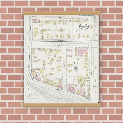 Old map wall art mockup — magnetic wood frame on brick wall — Sanborn Fire Insurance Map from Hornell, Steuben County, New York (1888) - Complete Map Set