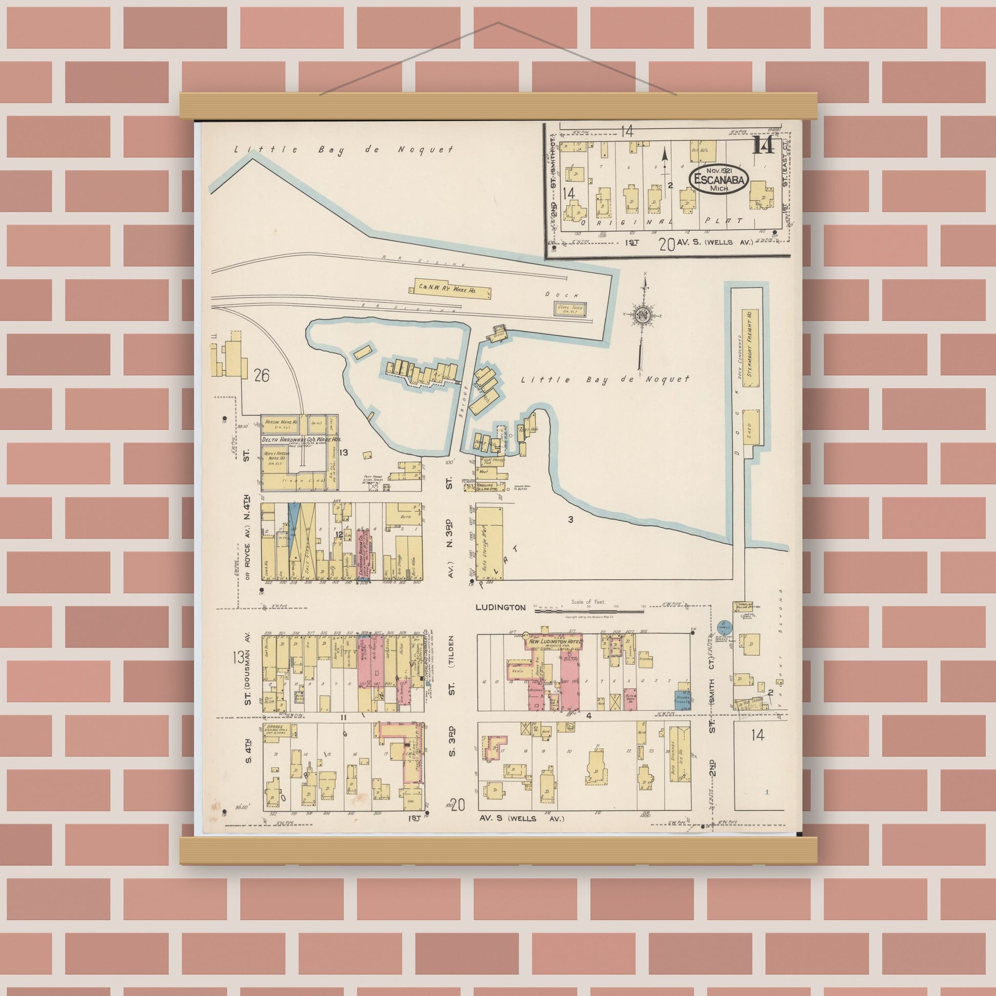 Old map wall art mockup — magnetic wood frame on brick wall — Sanborn Fire Insurance Map from Escanaba, Delta County, Michigan (1921), Sheet #0014
