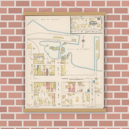 Old map wall art mockup — magnetic wood frame on brick wall — Sanborn Fire Insurance Map from Escanaba, Delta County, Michigan (1921), Sheet #0014