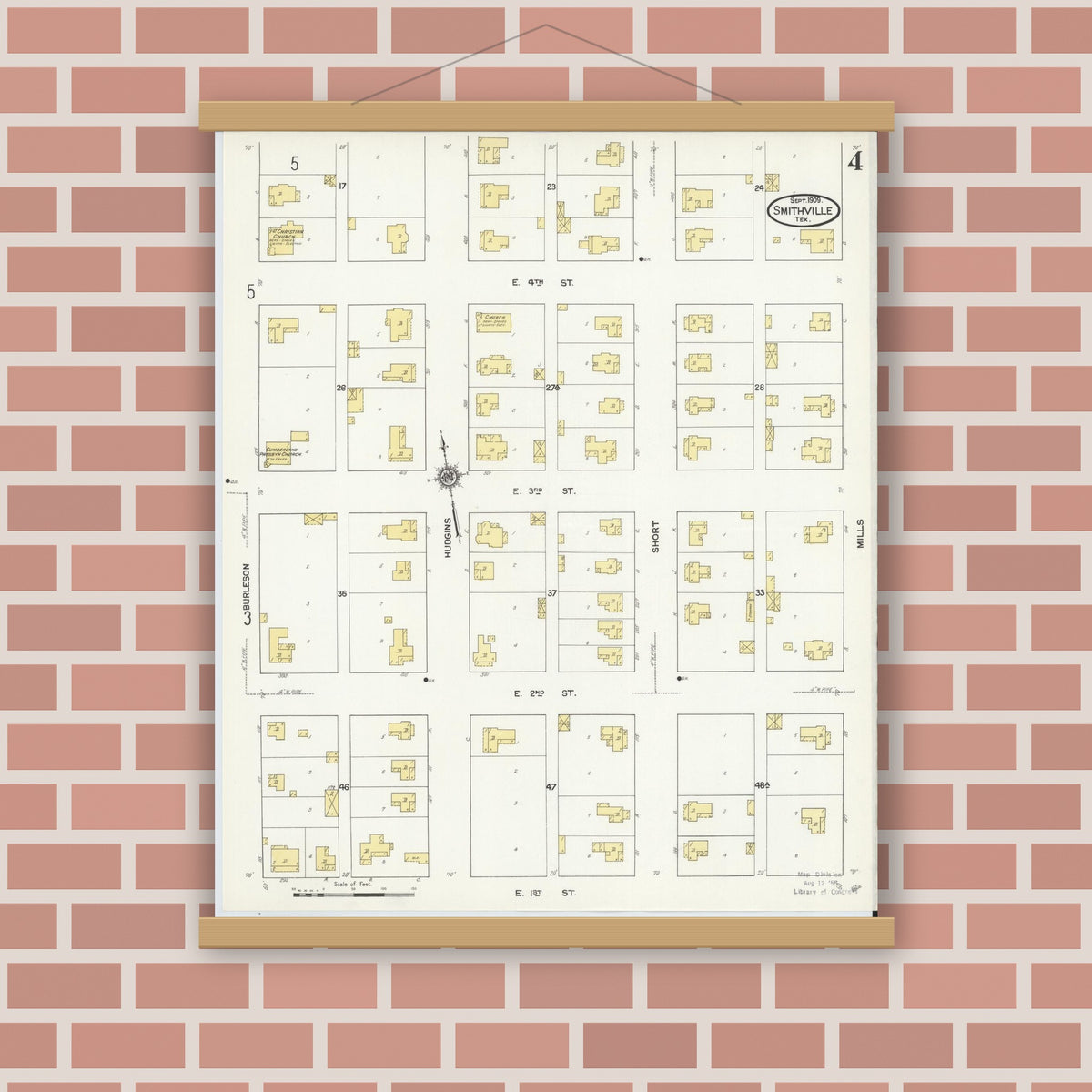 Old map wall art mockup — magnetic wood frame on brick wall — Sanborn Fire Insurance Map from Smithville, Bastrop County, Texas (1909), Sheet #0004