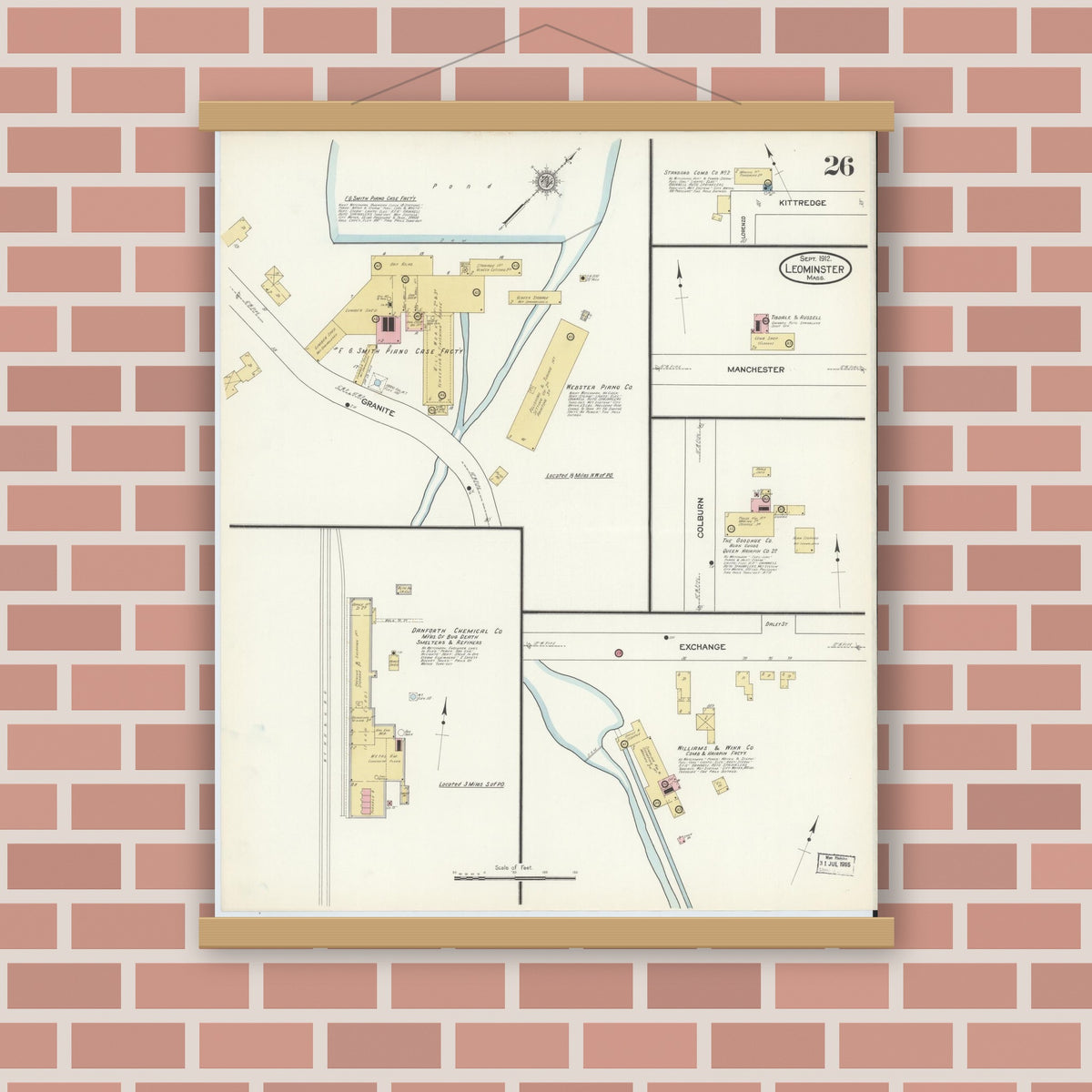 Old map wall art mockup — magnetic wood frame on brick wall — Sanborn Fire Insurance Map from Leominster, Worcester County, Massachusetts (1912), Sheet #0026