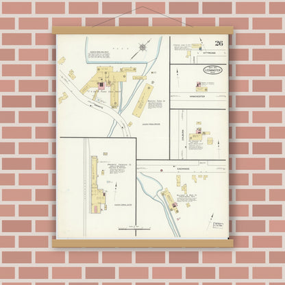 Old map wall art mockup — magnetic wood frame on brick wall — Sanborn Fire Insurance Map from Leominster, Worcester County, Massachusetts (1912), Sheet #0026