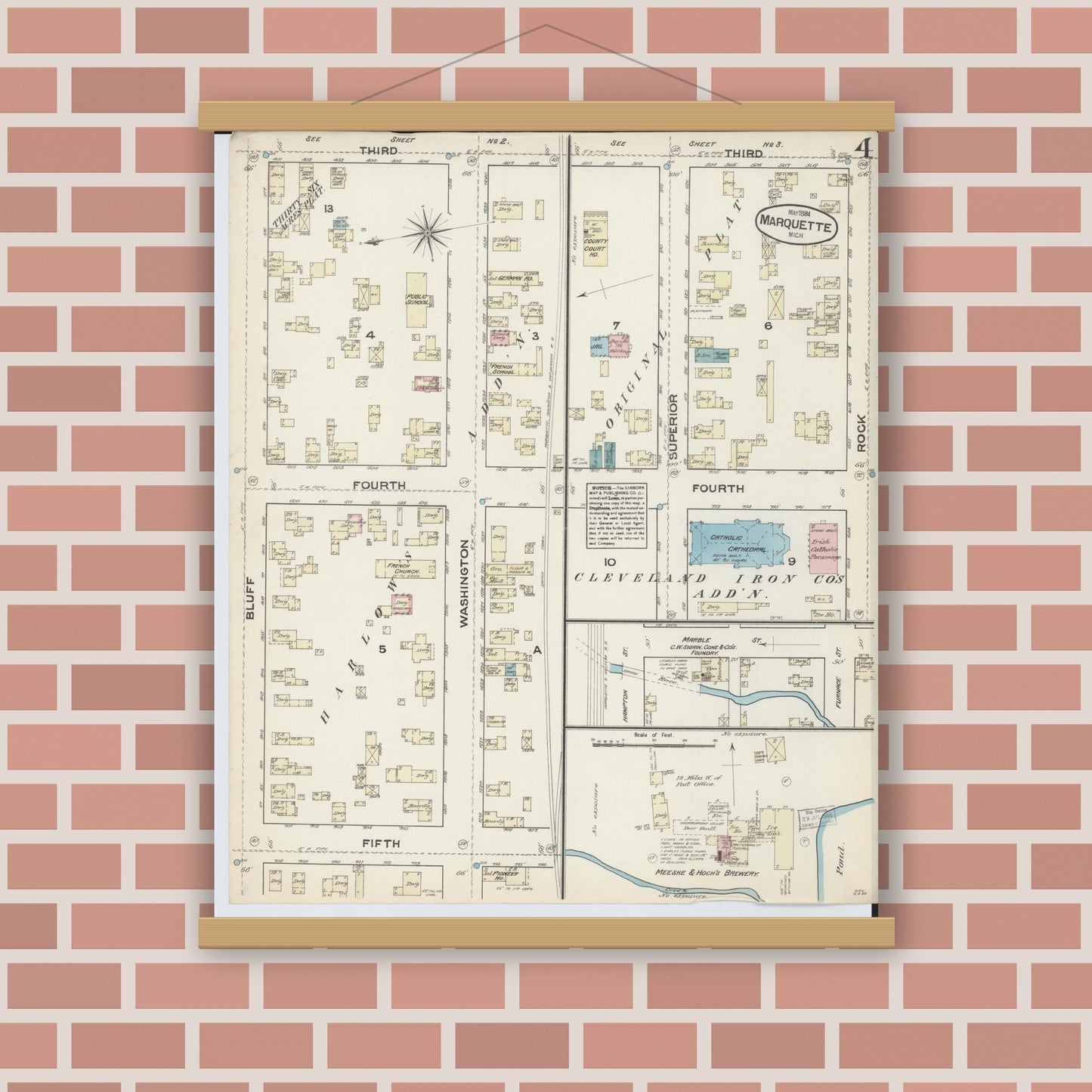 Old map wall art mockup — magnetic wood frame on brick wall — Sanborn Fire Insurance Map from Marquette, Marquette County, Michigan (1884), Sheet #0004