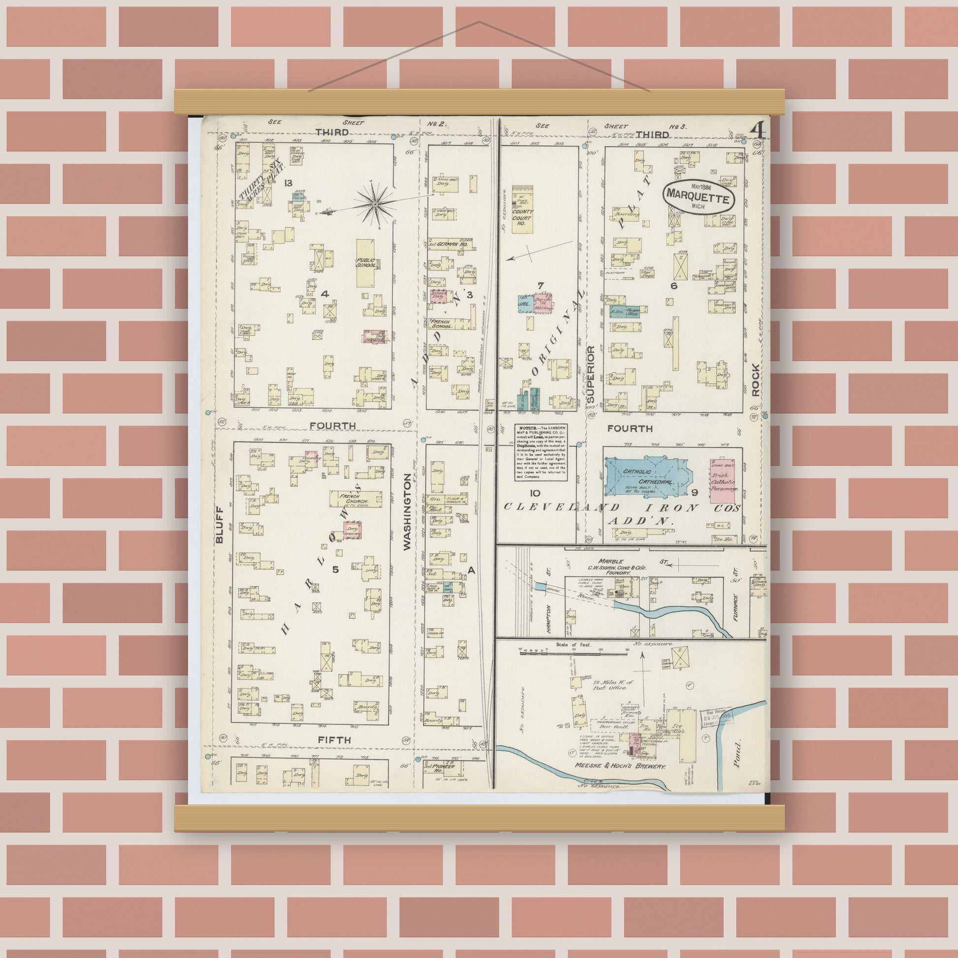 Old map wall art mockup — magnetic wood frame on brick wall — Sanborn Fire Insurance Map from Marquette, Marquette County, Michigan (1884), Sheet #0004
