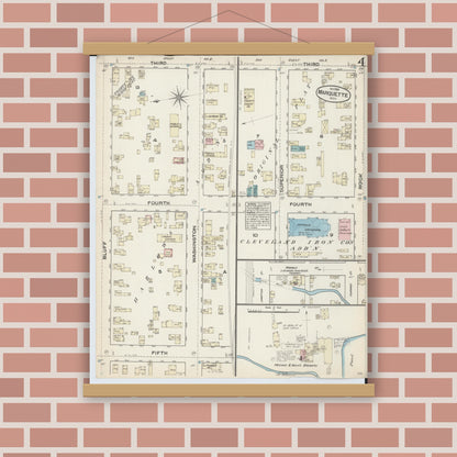 Old map wall art mockup — magnetic wood frame on brick wall — Sanborn Fire Insurance Map from Marquette, Marquette County, Michigan (1884), Sheet #0004