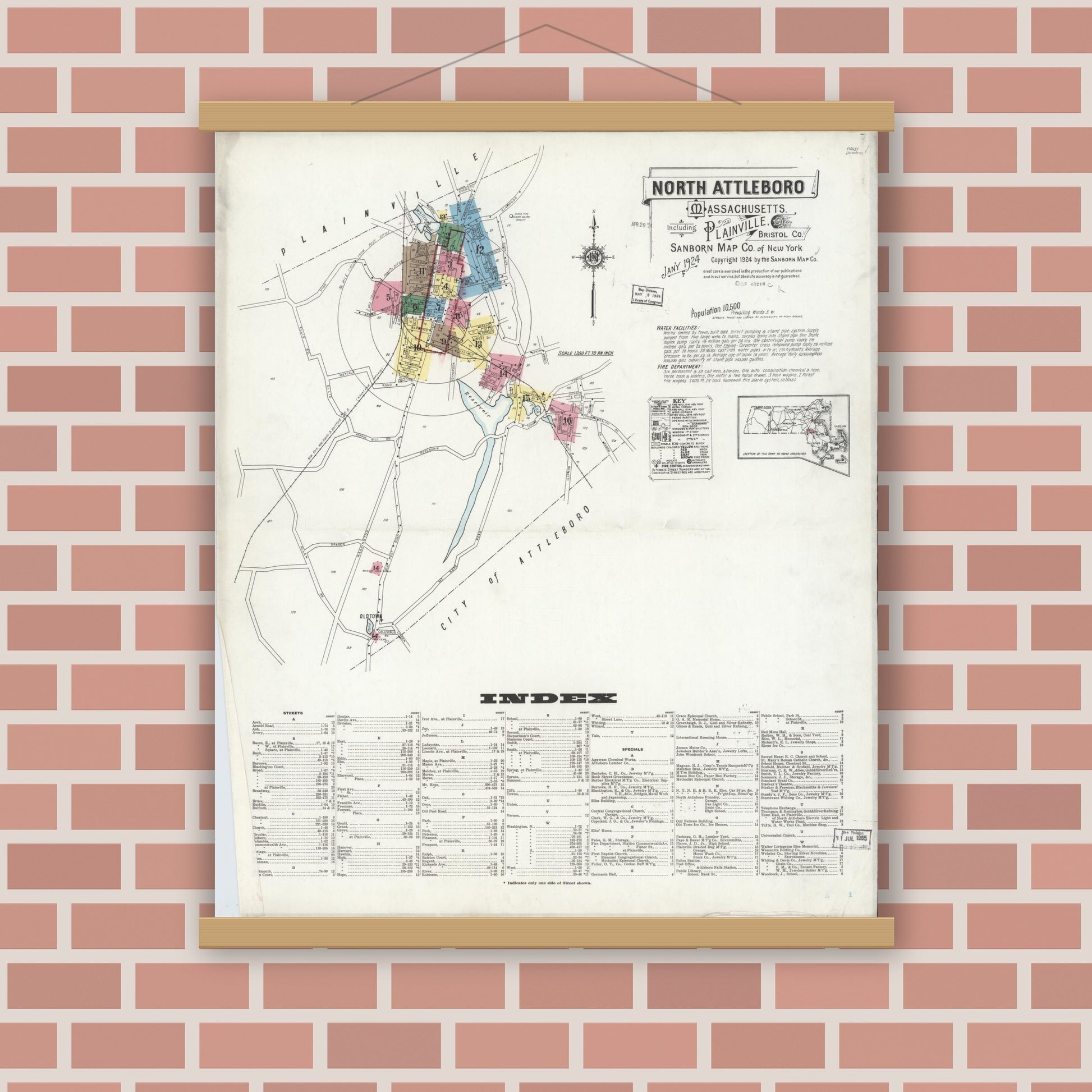 Old map wall art mockup — magnetic wood frame on brick wall — Sanborn Fire Insurance Map from North Attleborough, Bristol County, Massachusetts (1924) - Complete Map Set