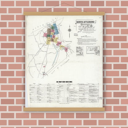 Old map wall art mockup — magnetic wood frame on brick wall — Sanborn Fire Insurance Map from North Attleborough, Bristol County, Massachusetts (1924) - Complete Map Set