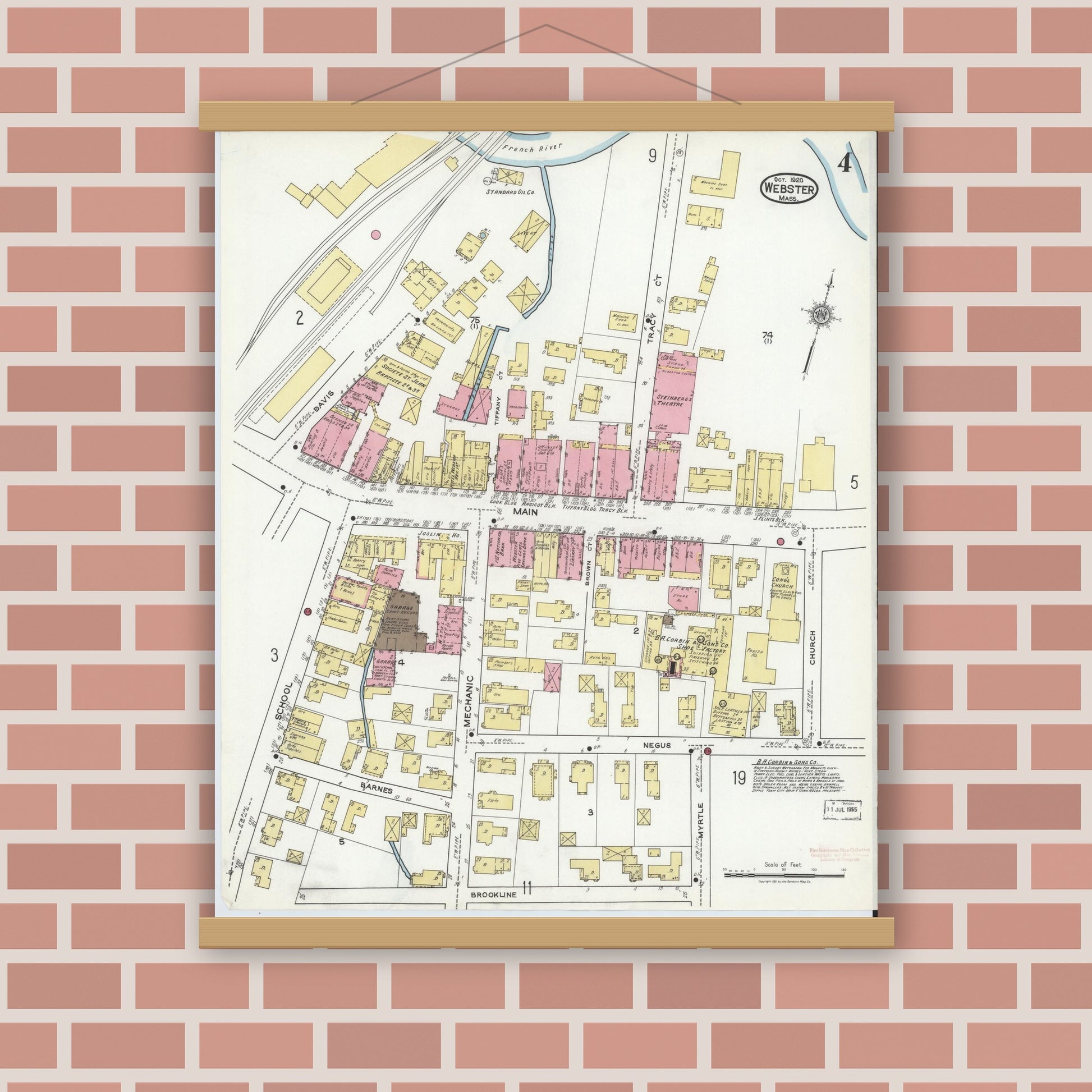 Old map wall art mockup — magnetic wood frame on brick wall — Sanborn Fire Insurance Map from Webster, Worcester County, Massachusetts (1920), Sheet #0004
