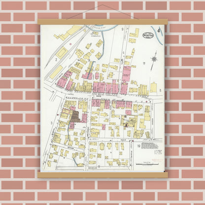 Old map wall art mockup — magnetic wood frame on brick wall — Sanborn Fire Insurance Map from Webster, Worcester County, Massachusetts (1920), Sheet #0004