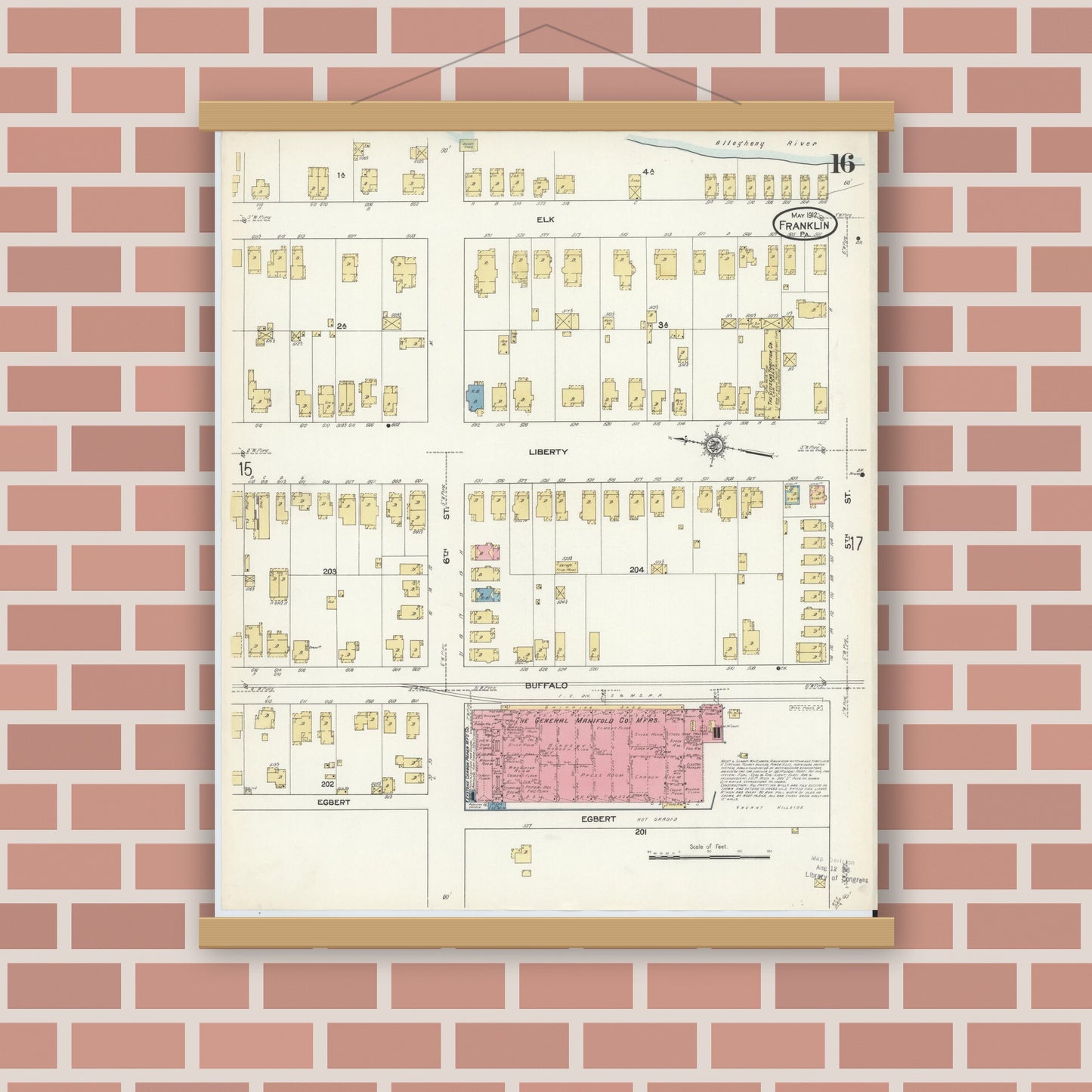 Old map wall art mockup — magnetic wood frame on brick wall — Sanborn Fire Insurance Map from Franklin, Venango County, Pennsylvania (1912), Sheet #0016