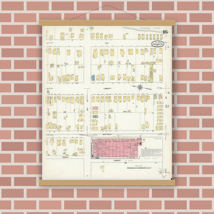 Old map wall art mockup — magnetic wood frame on brick wall — Sanborn Fire Insurance Map from Franklin, Venango County, Pennsylvania (1912), Sheet #0016