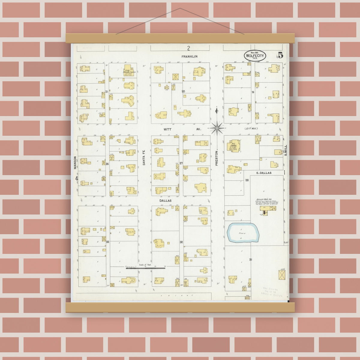 Old map wall art mockup — magnetic wood frame on brick wall — Sanborn Fire Insurance Map from Wolfe City, Hunt County, Texas (1901), Sheet #0005