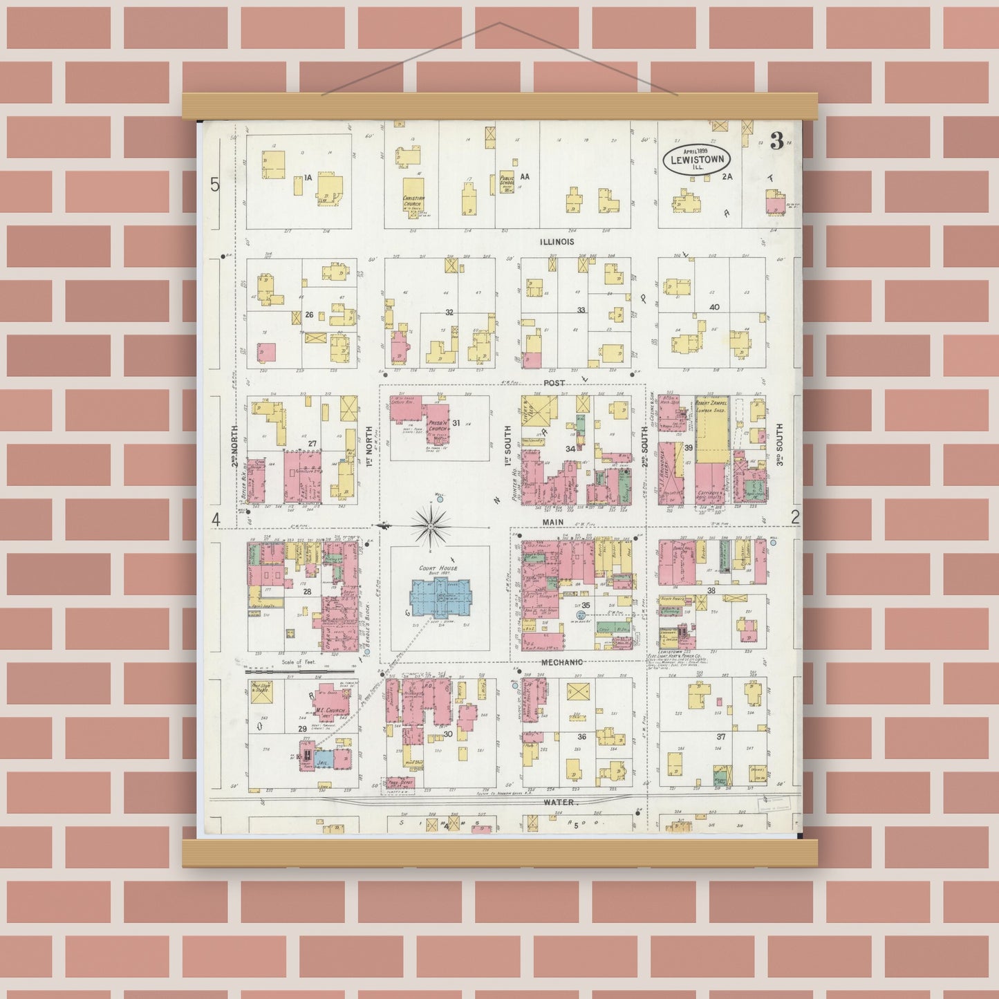 Old map wall art mockup — magnetic wood frame on brick wall — Sanborn Fire Insurance Map from Lewistown, Fulton County, Illinois (1899), Sheet #0003