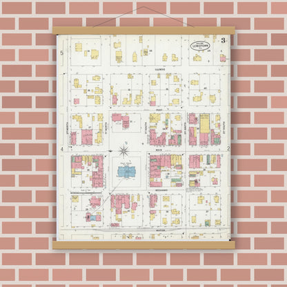 Old map wall art mockup — magnetic wood frame on brick wall — Sanborn Fire Insurance Map from Lewistown, Fulton County, Illinois (1899), Sheet #0003