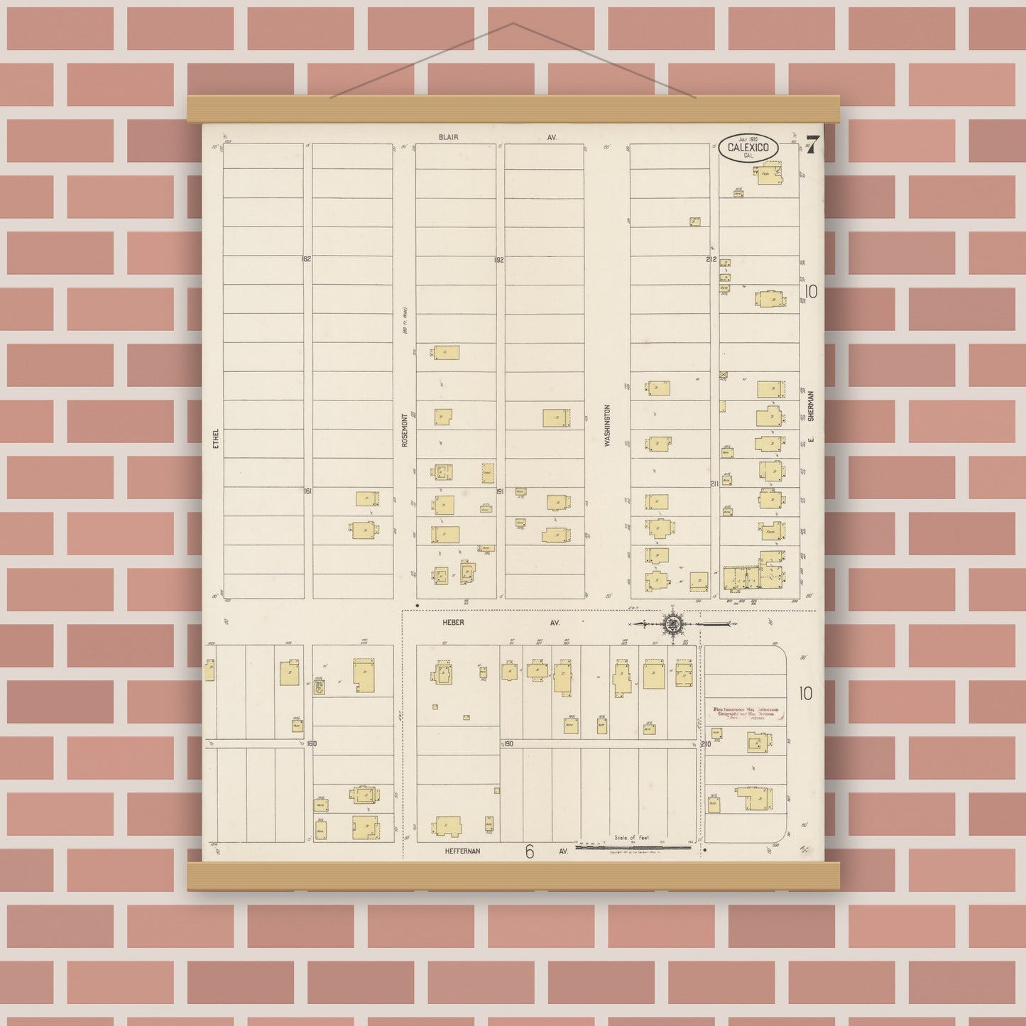Old map wall art mockup — magnetic wood frame on brick wall — Sanborn Fire Insurance Map from Calexico, Imperial County, California (1920), Sheet #0007