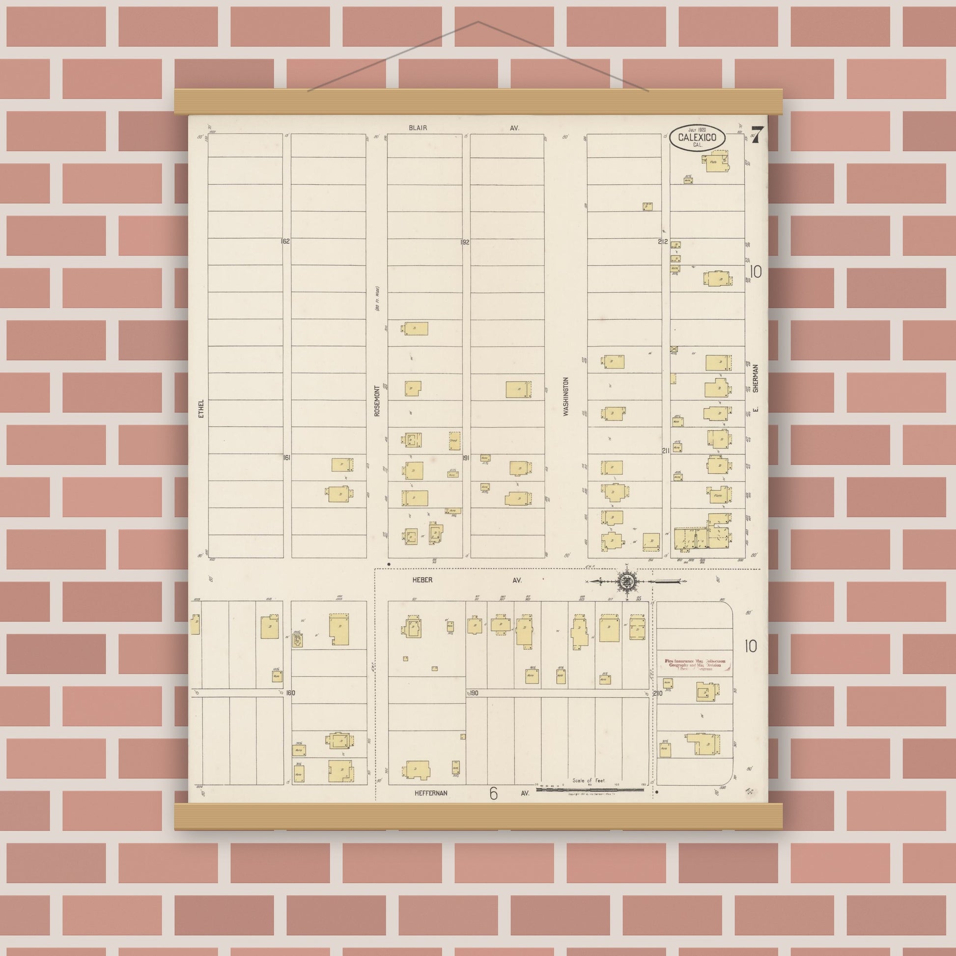 Old map wall art mockup — magnetic wood frame on brick wall — Sanborn Fire Insurance Map from Calexico, Imperial County, California (1920), Sheet #0007
